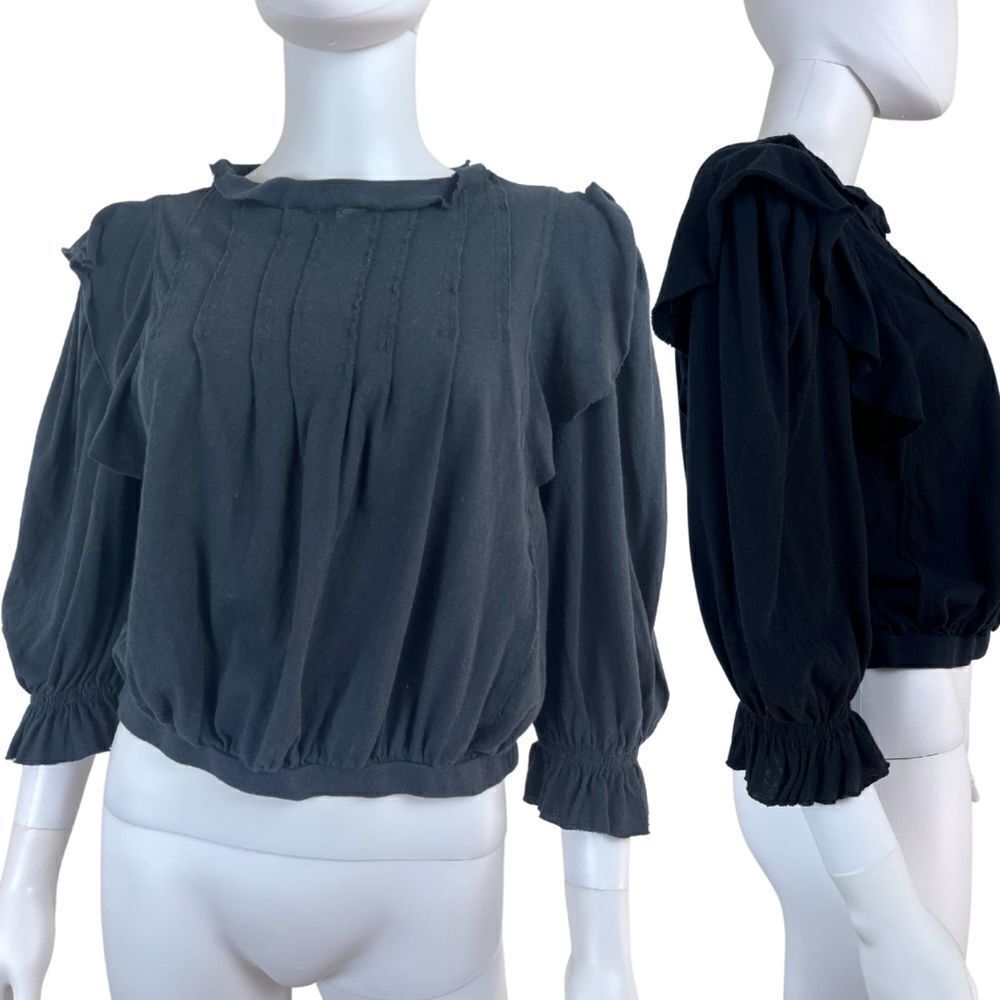 Free People Size XS Black Cotton Pleated Boxy Cropped Ruffle Blouse Pullover Top
